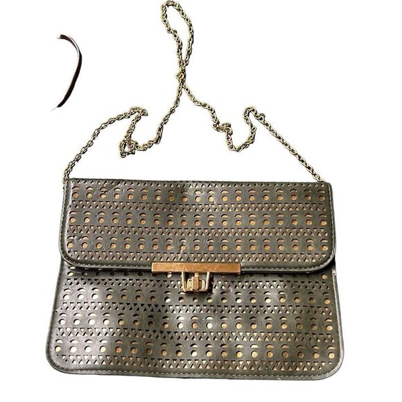 Women's olive green Faux Leather Cutout Chain Strap Convertible Clutch Sling Bag - Picture 2 of 10